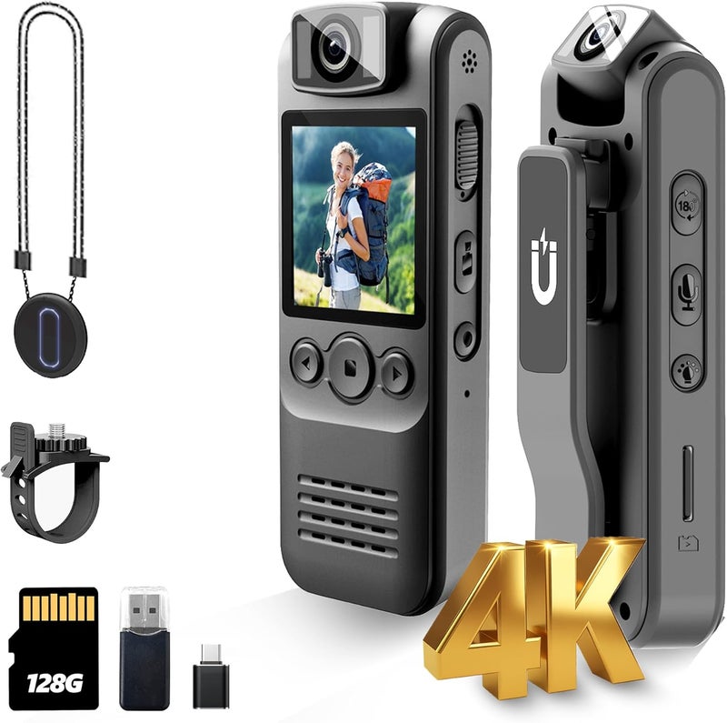 DayDateUp 4K 128GB Body Camera, Audio and Video Recording, with Magnetic Back Clip&Bike Mount, 180°Rotating Lens, Wearable Portable Bodycam for Outdoor/Sports/Security/Police - Image 1